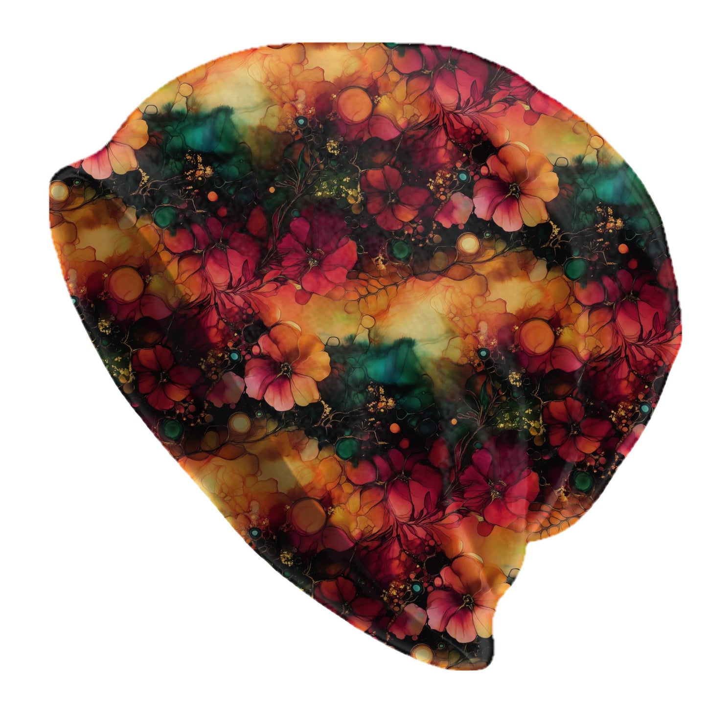 Floral Abstract Slouchy Beanie – Vibrant Botanical Bonnet, Soft Thin Stretchy Skull Cap for Men & Women, Artistic Bloom Print