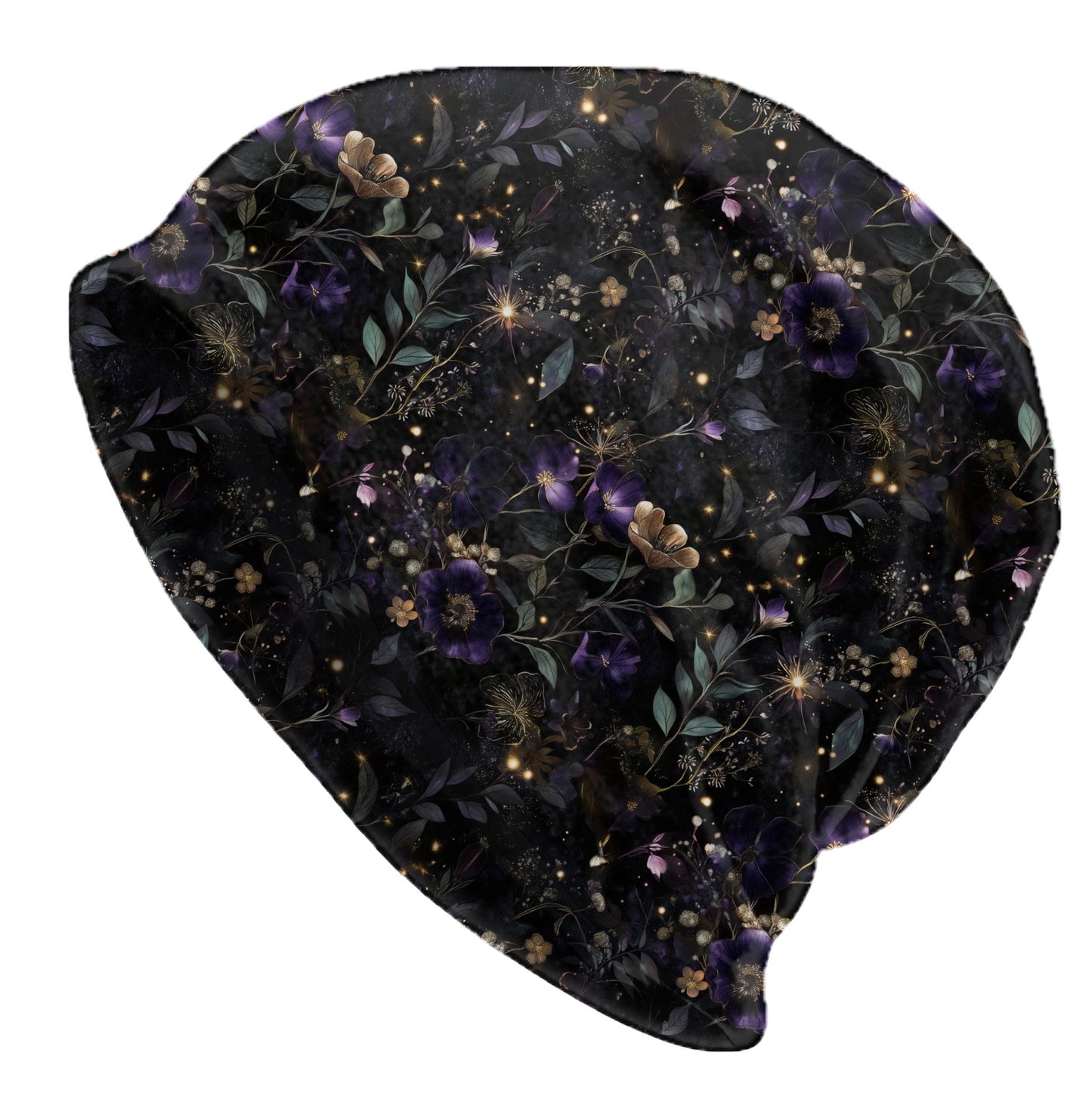 Dark Enchanted Slouchy Beanie – Midnight Floral Bonnet, Soft Thin Stretchy Skull Cap for Men & Women, Mystical Botanical Print Hat