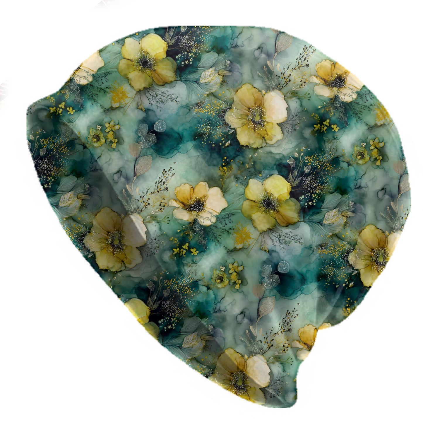 Misty Wildflower Slouchy Beanie – Thin Stretchy Lightweight Skull Cap for Men & Women in Soft Teal and Yellow Florals