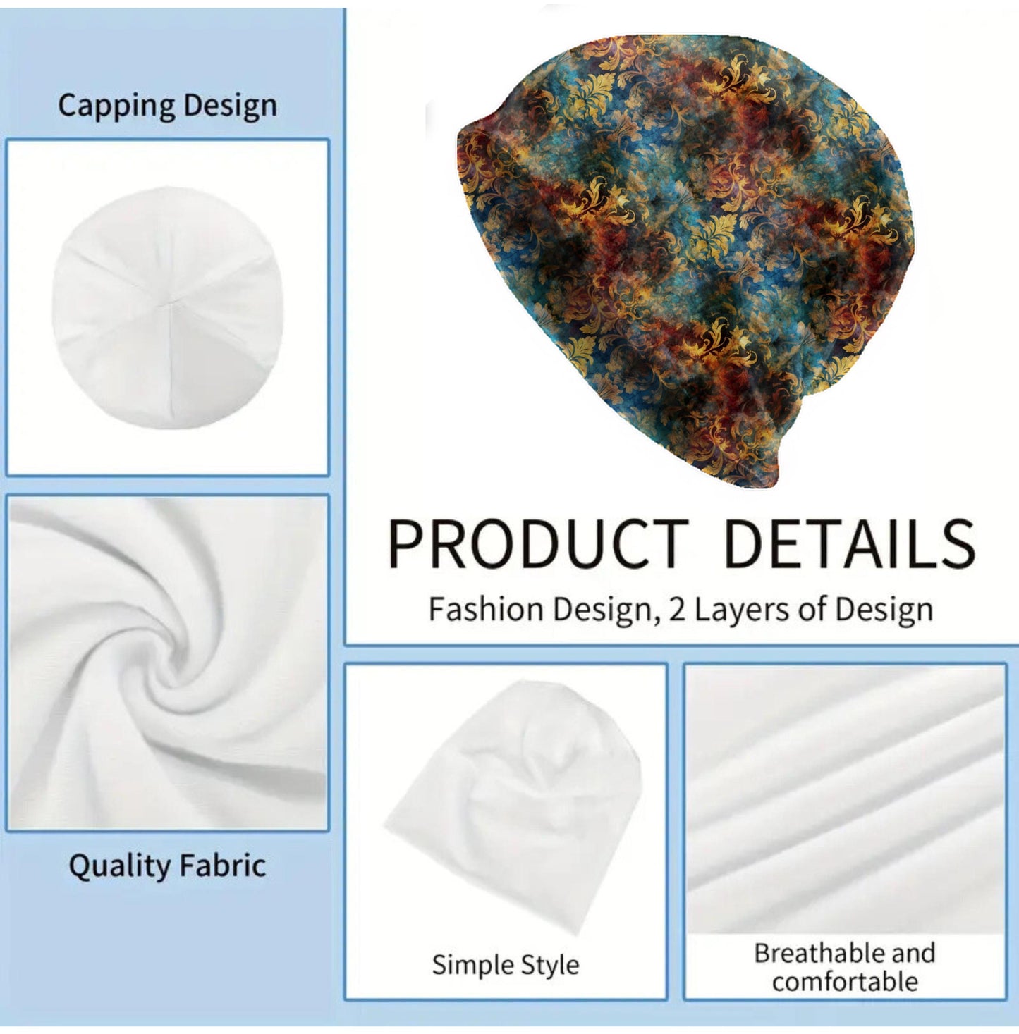 Vintage Baroque Damask Slouchy Beanie – Soft Lightweight Skull Cap, Thin Bonnet Hat for Men & Women, Retro Ornate Pattern, Double-Layer Look