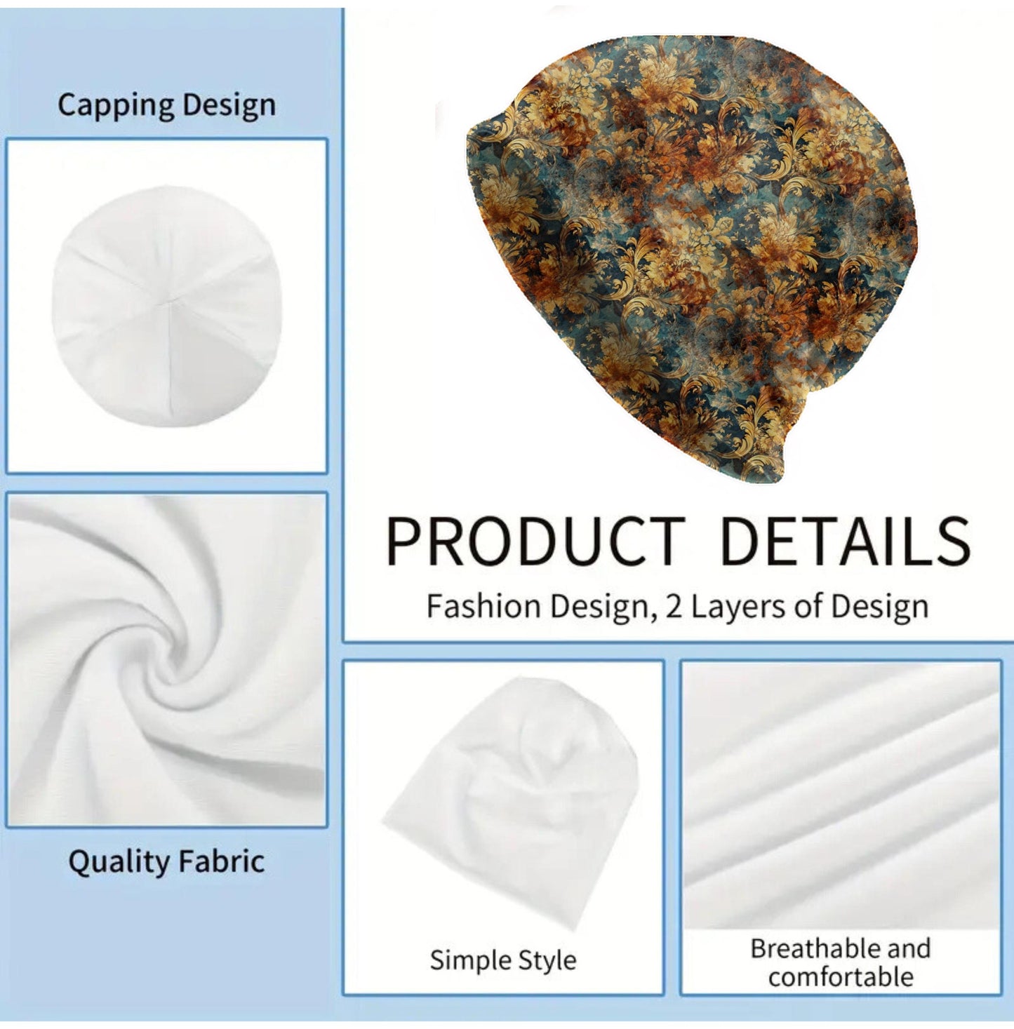 Vintage Teal Gold Damask Slouchy Beanie – Distressed Baroque Pattern Hat, Soft Lightweight Skull Cap, Elegant Antique Style Unisex Bonnet