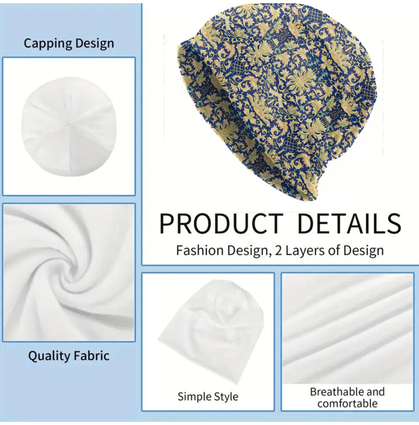 Royal Blue Lotus Beanie – Oriental Floral Pattern Hat, Vintage Asian Inspired Print Cap, Soft Lightweight Unisex Beanie