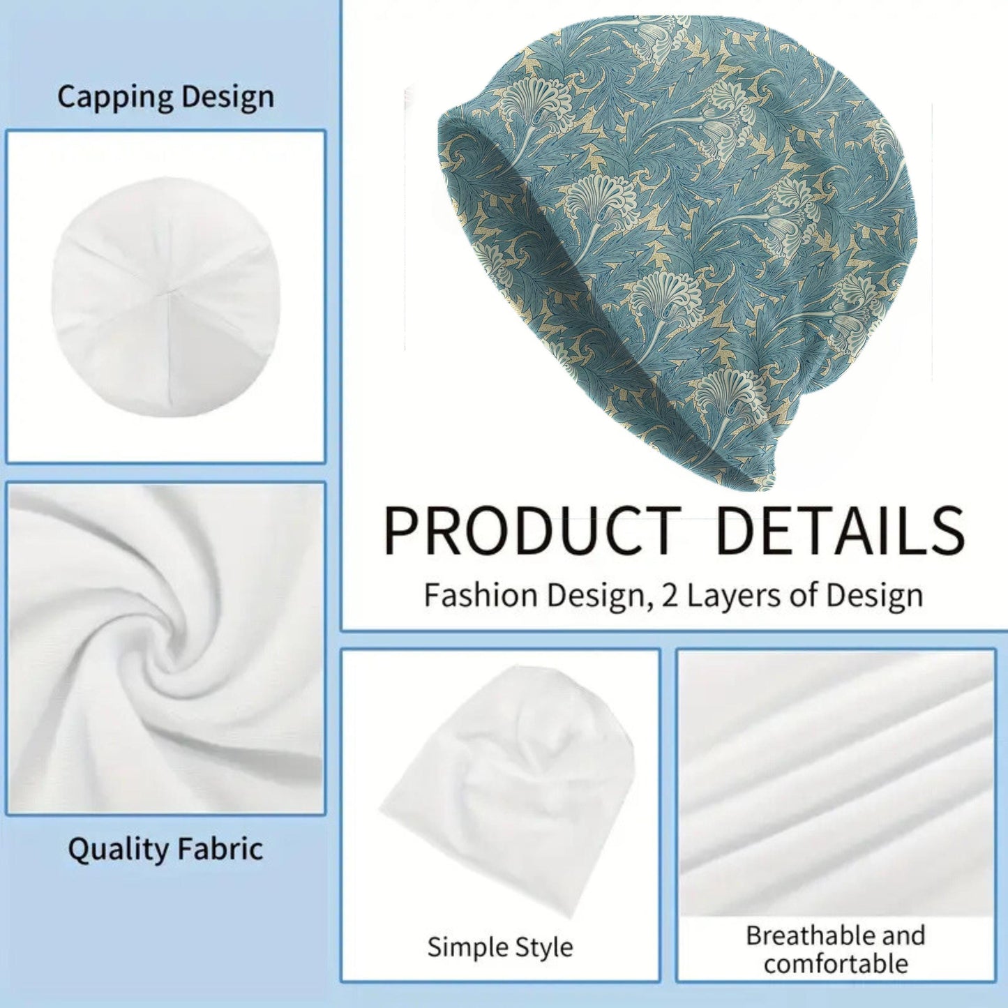 Tulip William Morris Beanie – Vintage Floral Slouch Hat, Elegant Heritage Pattern, Soft Botanical Design, Women’s Hat & Men’s Beanie