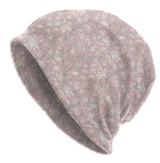 Pink William Morris Floral Slouchy Beanie – Soft Lightweight Skull Cap, Thin Bonnet Hat for Men & Women, Vintage Botanical Pattern