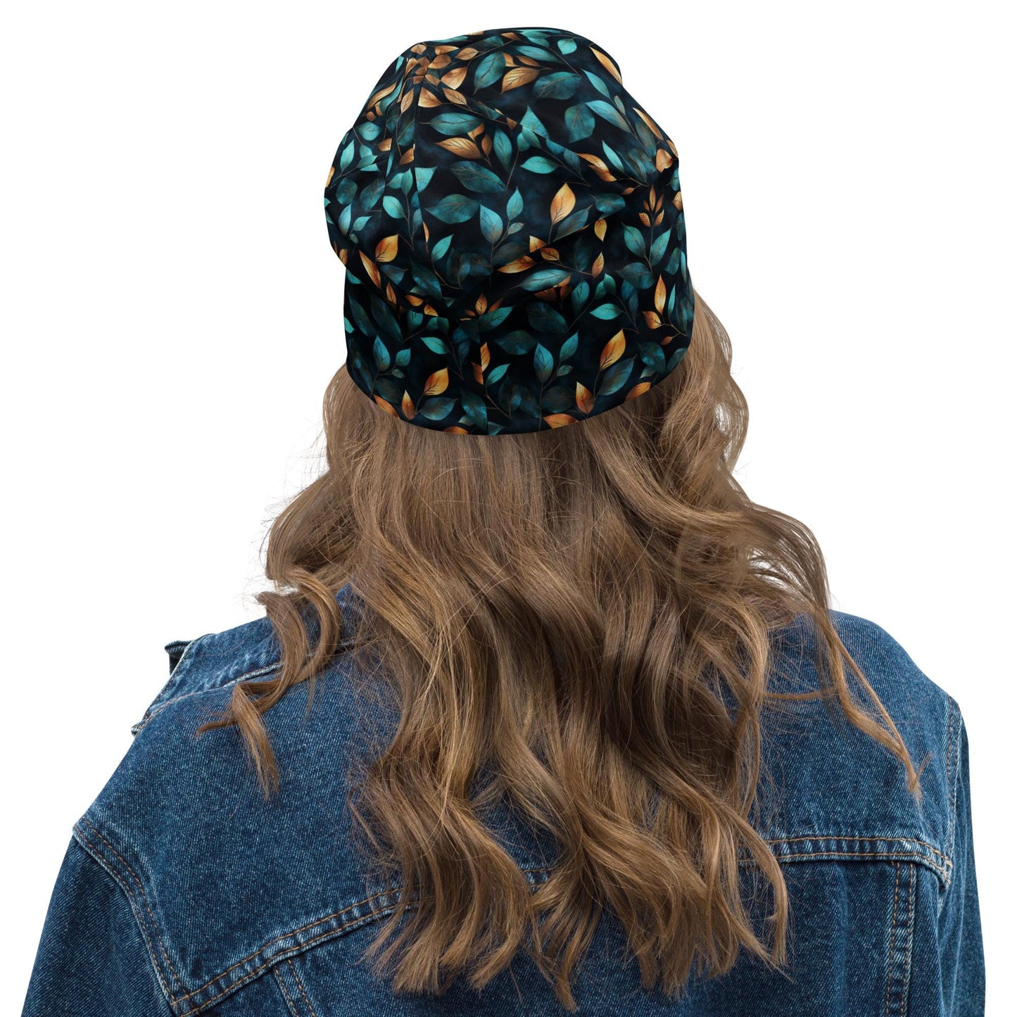 Teal Copper Leaf Slouchy Beanie Soft Double Layer Thin Skull Cap for Men and Women Botanic Teal Gold Pattern Hat