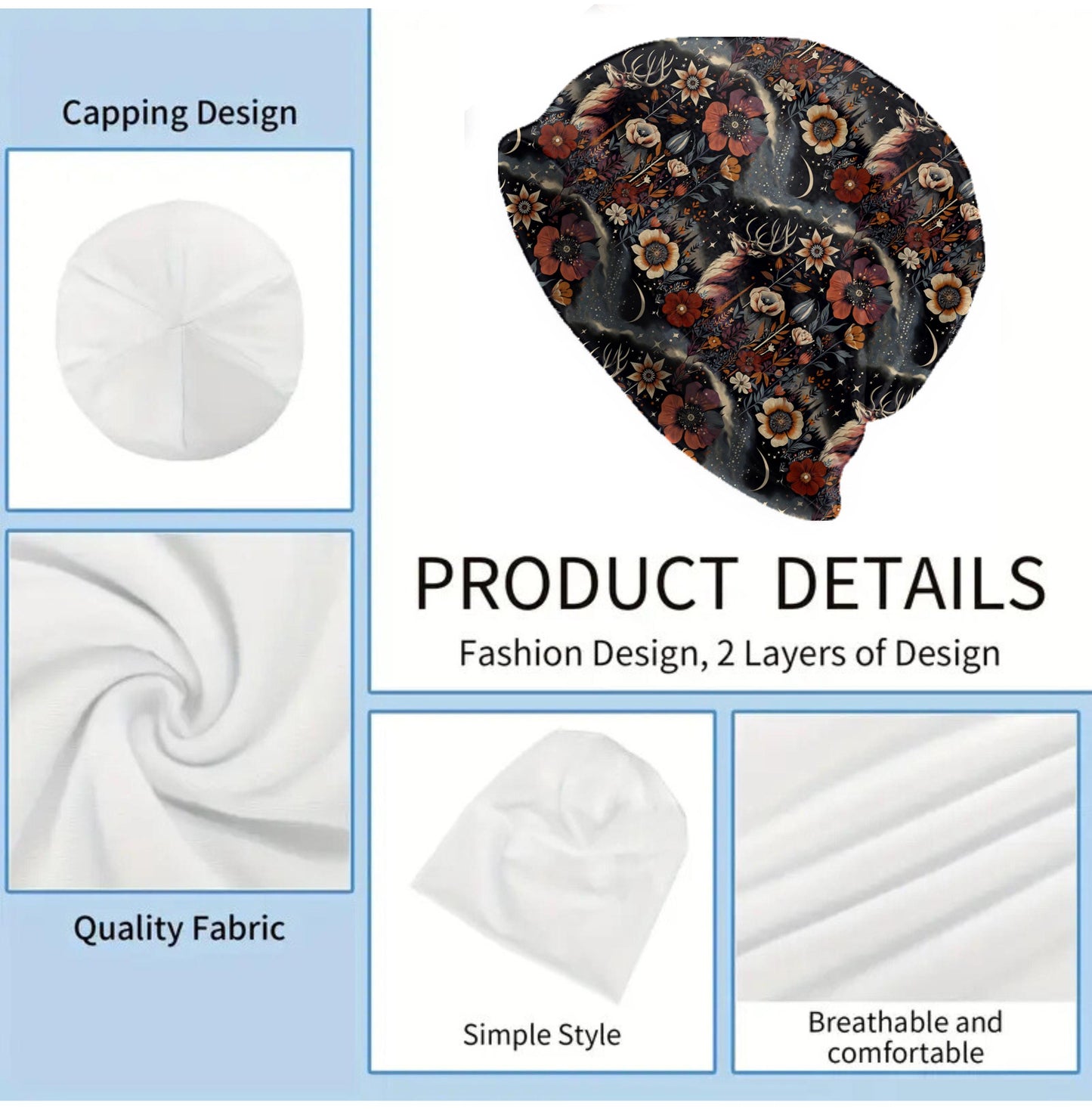 Night Stag Slouchy Beanie – Thin Stretchy Lightweight Skull Cap for Men and Women in Mystical Forest Art