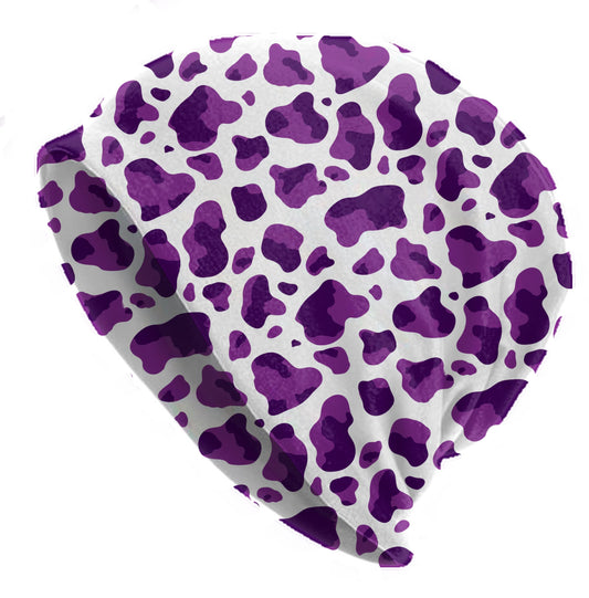 Purple Cow Print Slouchy Beanie – Soft Lightweight Skull Cap, Thin Bonnet Hat for Men & Women, Retro Funky Spot Pattern