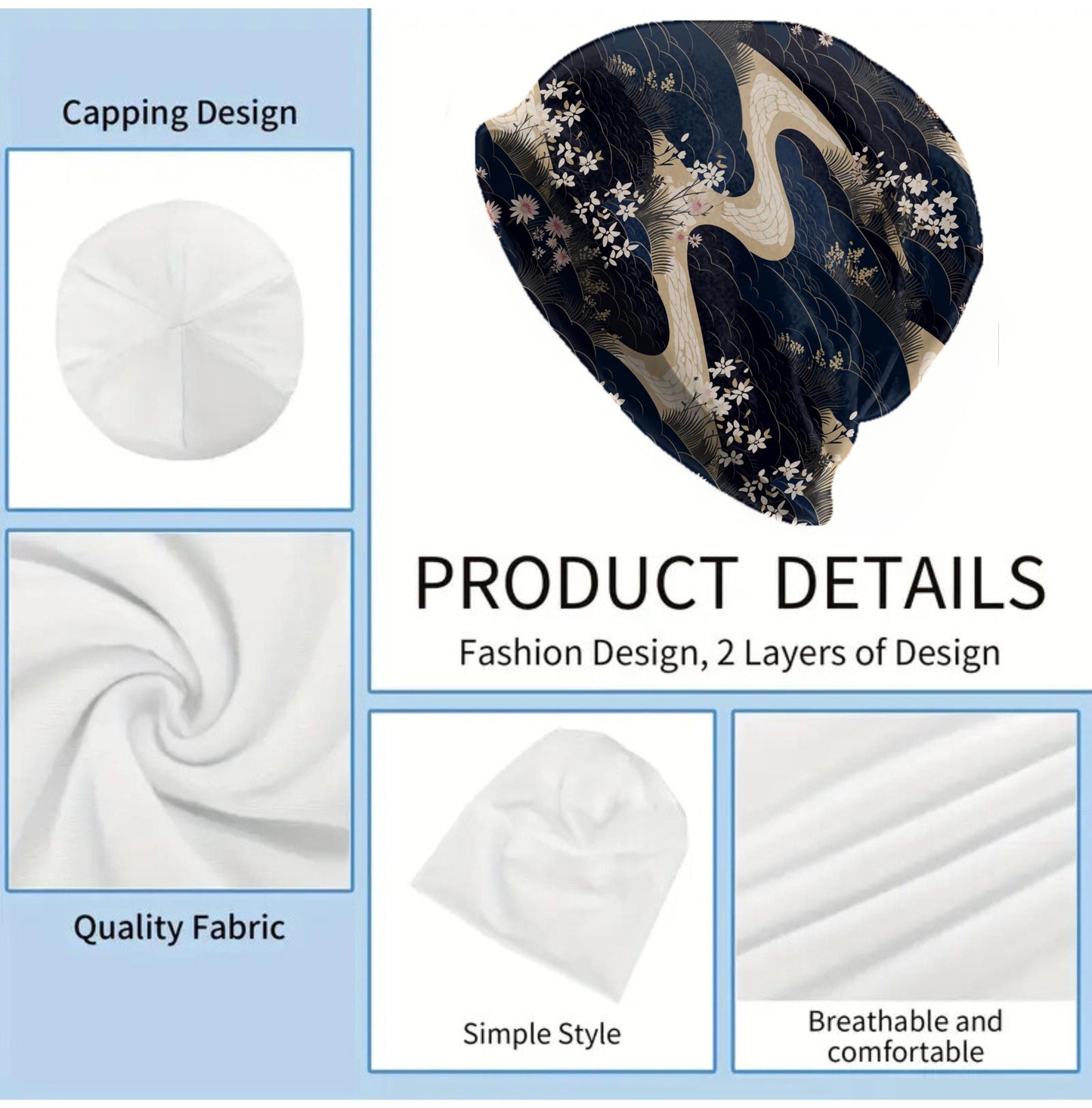 Japanese Navy Wave Beanie – Thin Soft Slouchy Hat with Sakura Blossoms, Gold Line Art – Made to Order Women’s Hat, Men’s Beanie