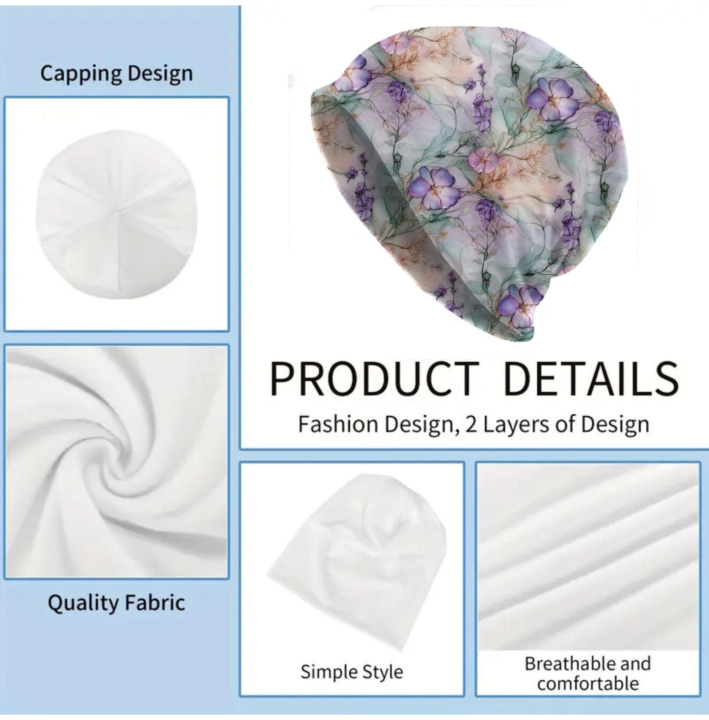 Fluid Flowers Watercolor Floral Slouchy Beanie – Thin Stretchy Unisex Skull Cap for Men & Women, Pastel Botanical Bonnet