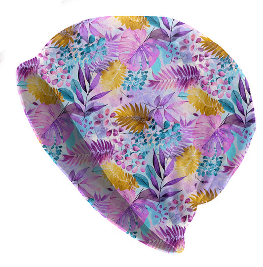 Tropical Watercolor Leaves Slouchy Beanie – Thin Stretchy Lightweight Skull Cap for Men and Women in Pink, Gold & Teal Jungle Foliage