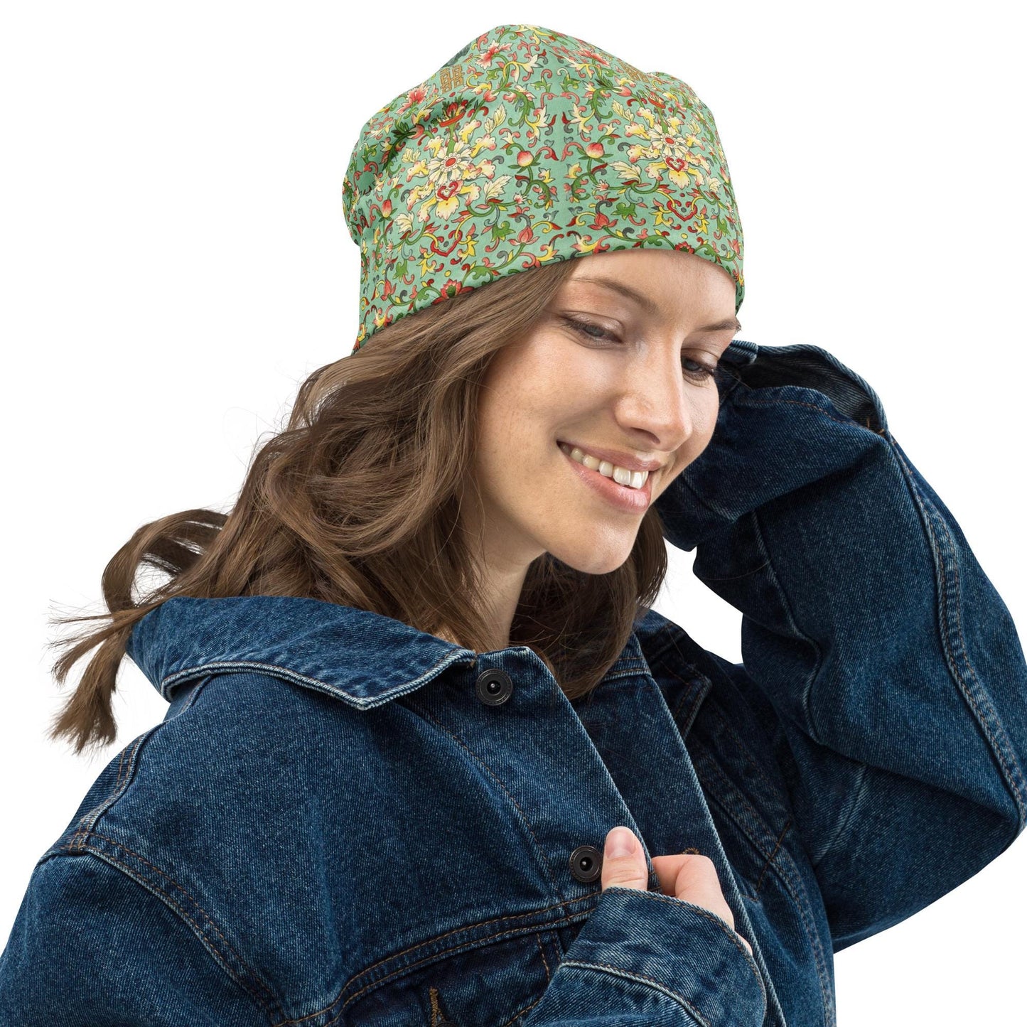 Jade Floral Art Beanie – Vintage Asian Scroll Pattern Hat, Soft Lightweight Unisex Cap, Botanical Print