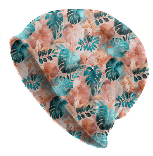 Tropical Coral Teal Slouchy Beanie – Thin Stretchy Lightweight Skull Cap for Men and Women in Watercolor Monstera Leaves