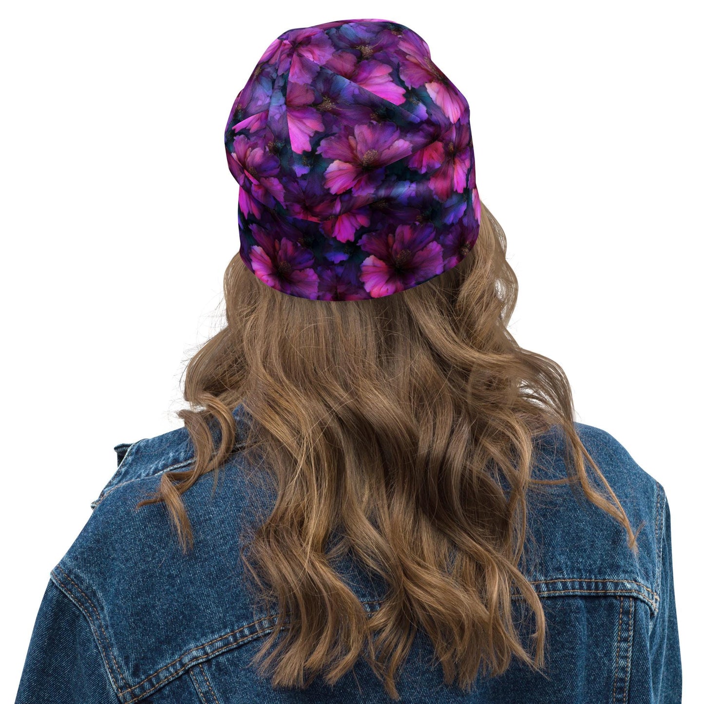 Blooming Hibiscus Slouchy Beanie – Thin Stretchy Unisex Skull Cap for Men & Women, Pink Purple Floral Bonnet, Soft Lightweight Hat
