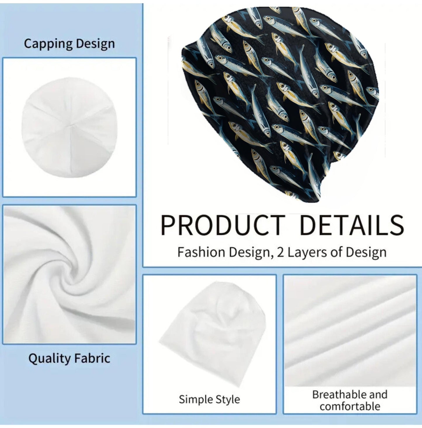 Dark Nautical Sardine Fish Beanie – Lightweight Soft Skull Cap, Coastal Fisherman Hat, Sailor Style Beanie, Ocean Art Beanie for Men & Women