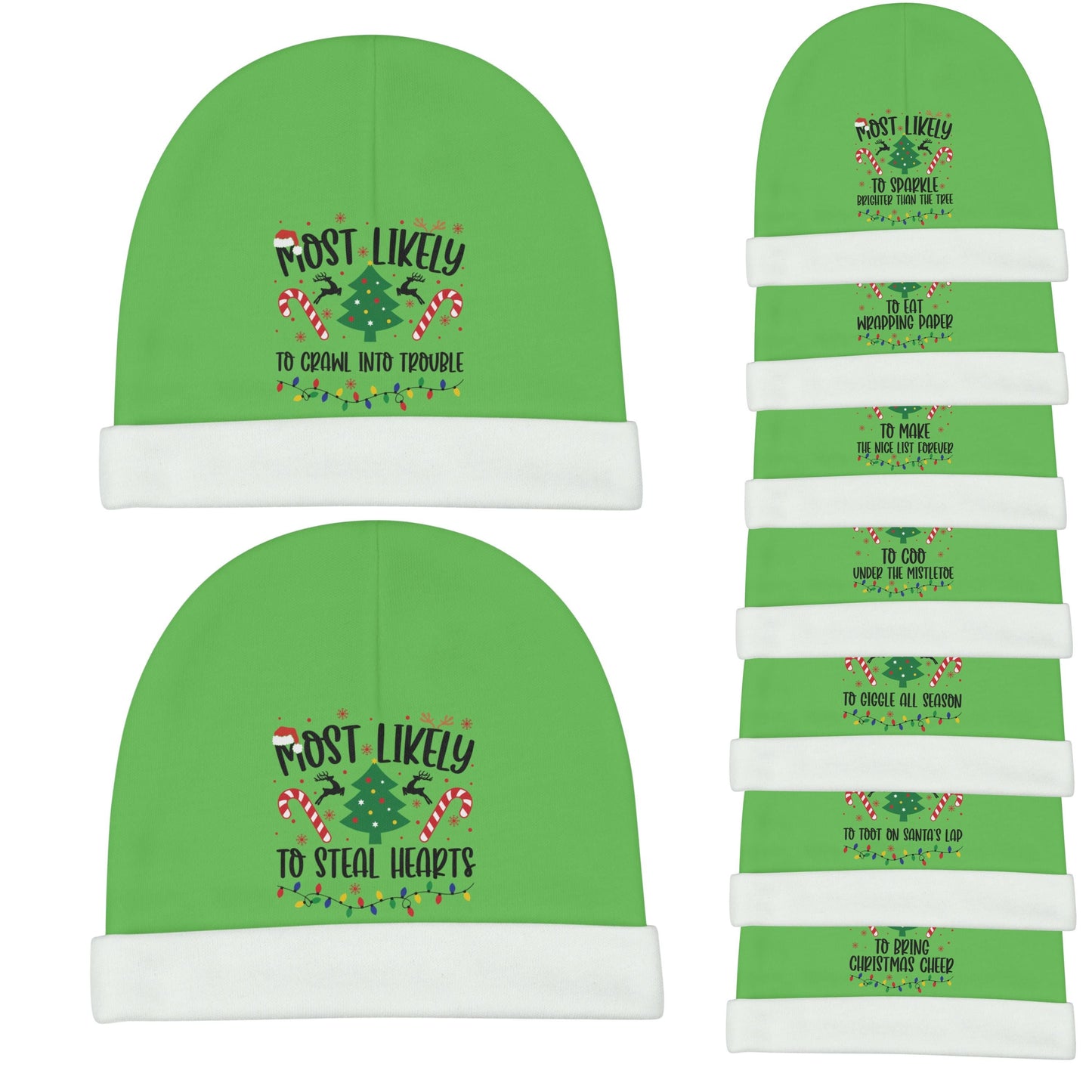 Baby “Most Likely To” Christmas Beanie, Soft Infant Holiday Hat, Cute Funny Newborn Winter Cap – Double-Sided Print, Made to Order 0-6 mo