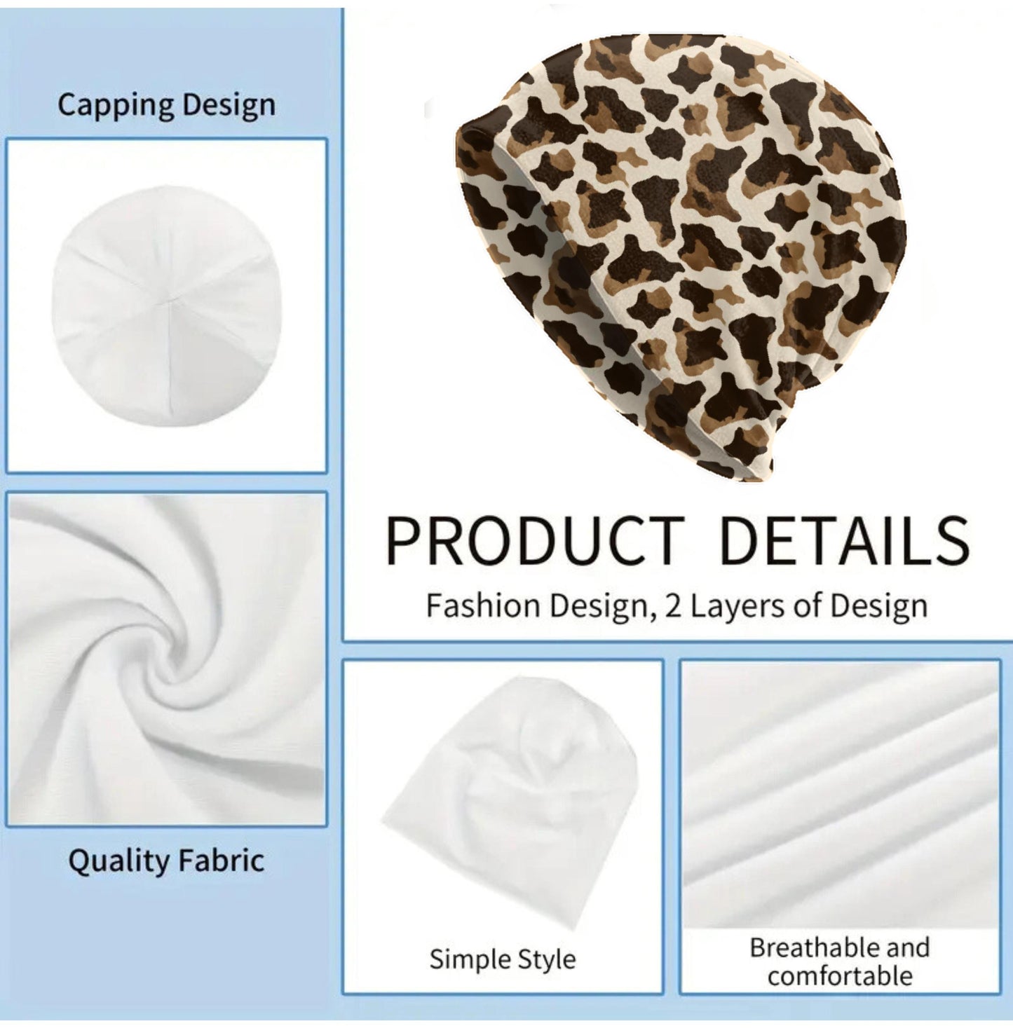 Brown Cow Print Slouchy Beanie – Soft Lightweight Skull Cap, Thin Bonnet Hat for Men & Women, Watercolor Cow Pattern