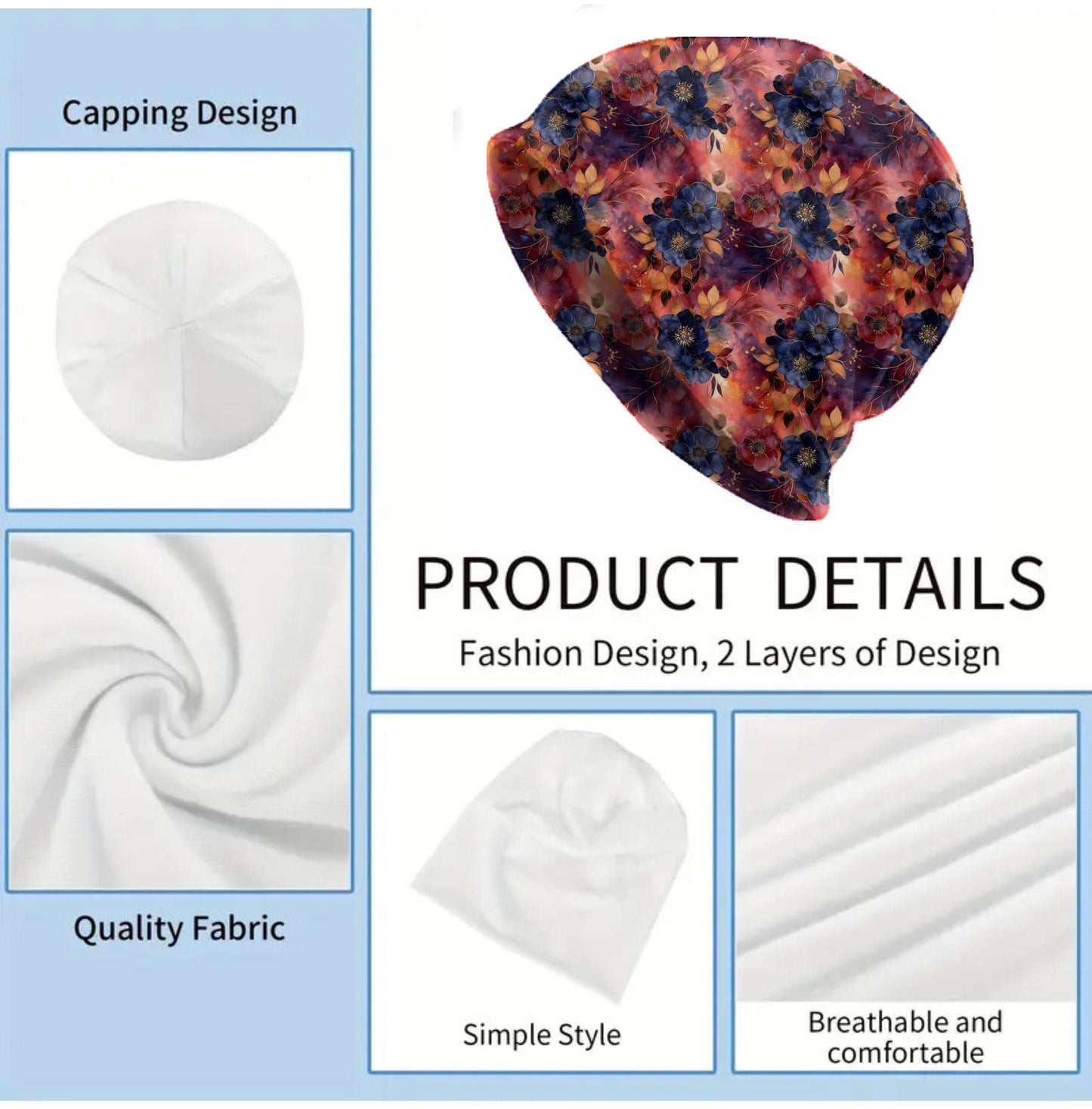 Midnight Ember Floral Slouchy Beanie – Thin Stretchy Lightweight Skull Cap for Men & Women in Deep Navy and Warm Red Blooms