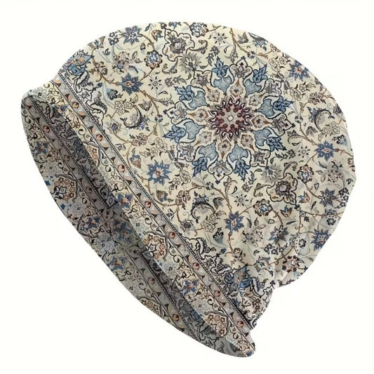 Blue Persian Rug Slouchy Beanie – Vintage Boho Knit Skull Cap, Soft Stretch Unisex Hat for Men & Women
