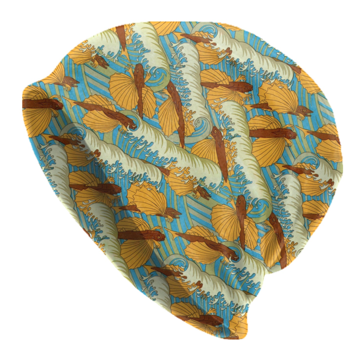 Flying Fish Art Nouveau Beanie – Maurice Pillard Pattern Hat, Vintage Ocean Style Slouchy Bonnet, Soft Lightweight Skull Cap for Men & Women