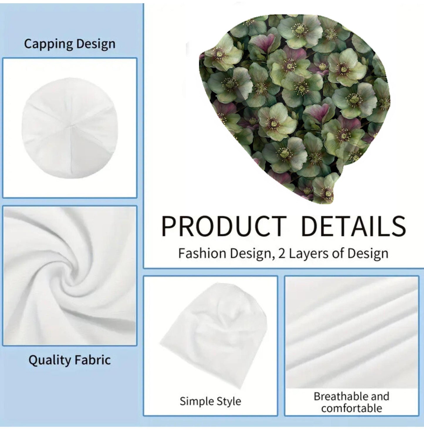 Sage Hellebore Slouchy Beanie – Thin Stretchy Lightweight Skull Cap for Men and Women in Soft Green Petals