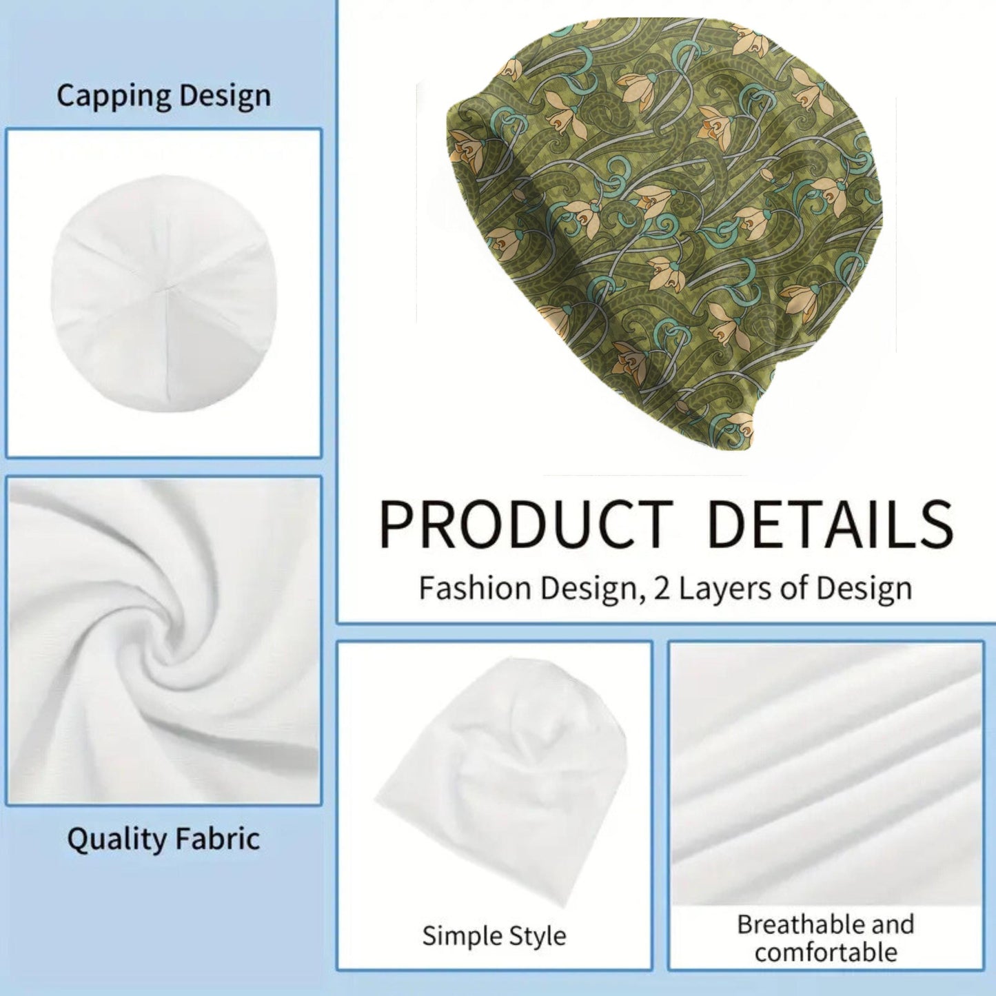 Thin Maurice Pillard Snowdrop Beanie – Art Nouveau Floral Hat in Olive & Teal, Vintage Botanical Lightweight Slouch Cap