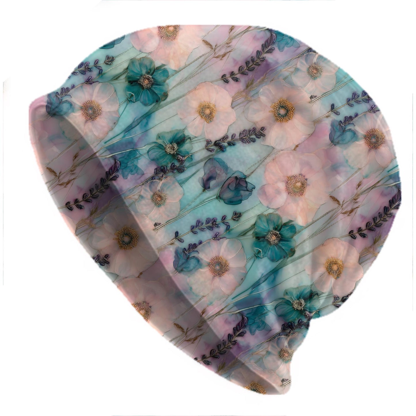 Soft Pastel Floral Beanie – Thin Watercolor Slouchy Hat with Blue & Blush Flower Print – Made to Order Women’s Hat Men’s Beanie