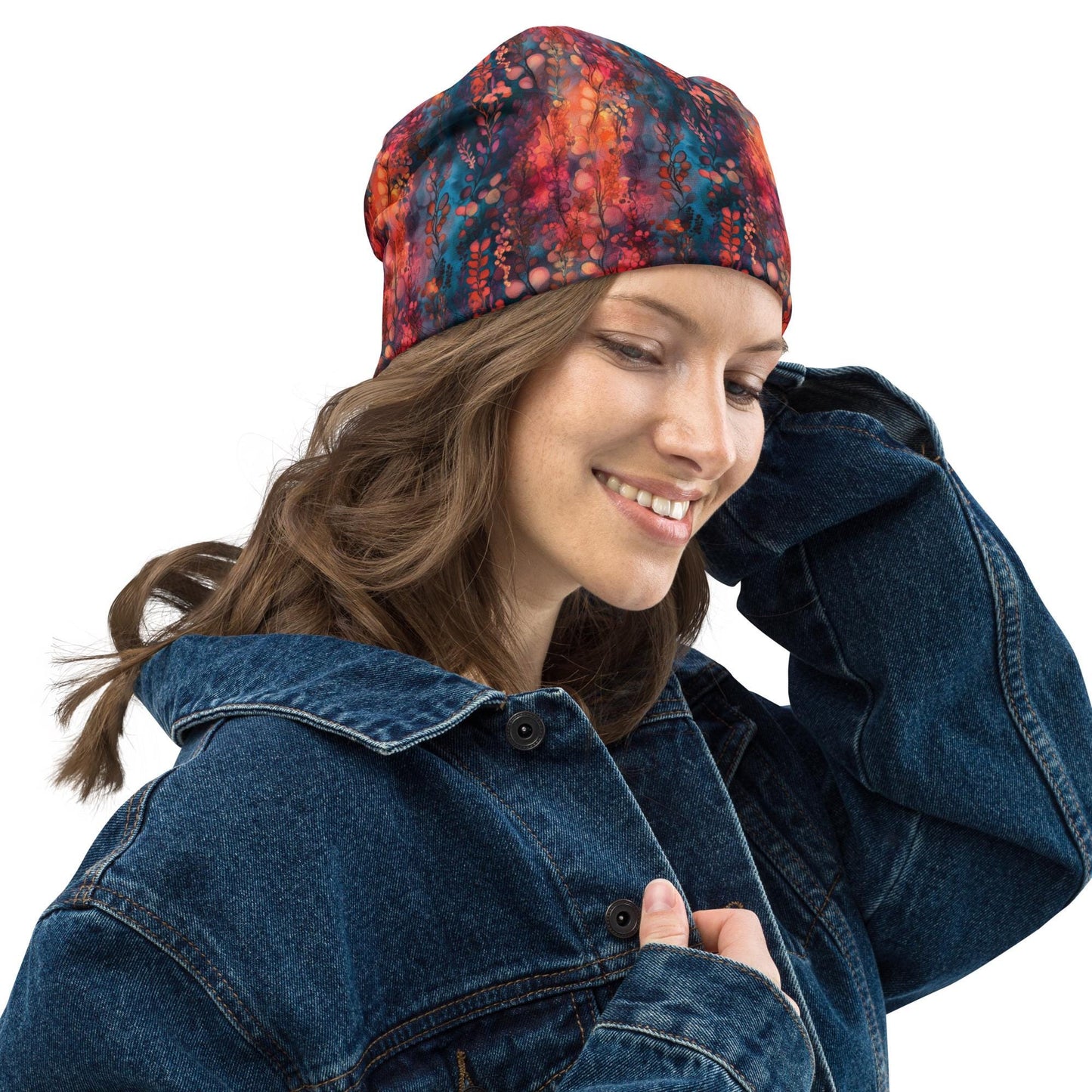 Luminous Ferns Slouchy Beanie – Thin Stretchy Unisex Skull Cap for Men & Women, Soft Lightweight Botanical Bonnet in Teal and Sunset Tones