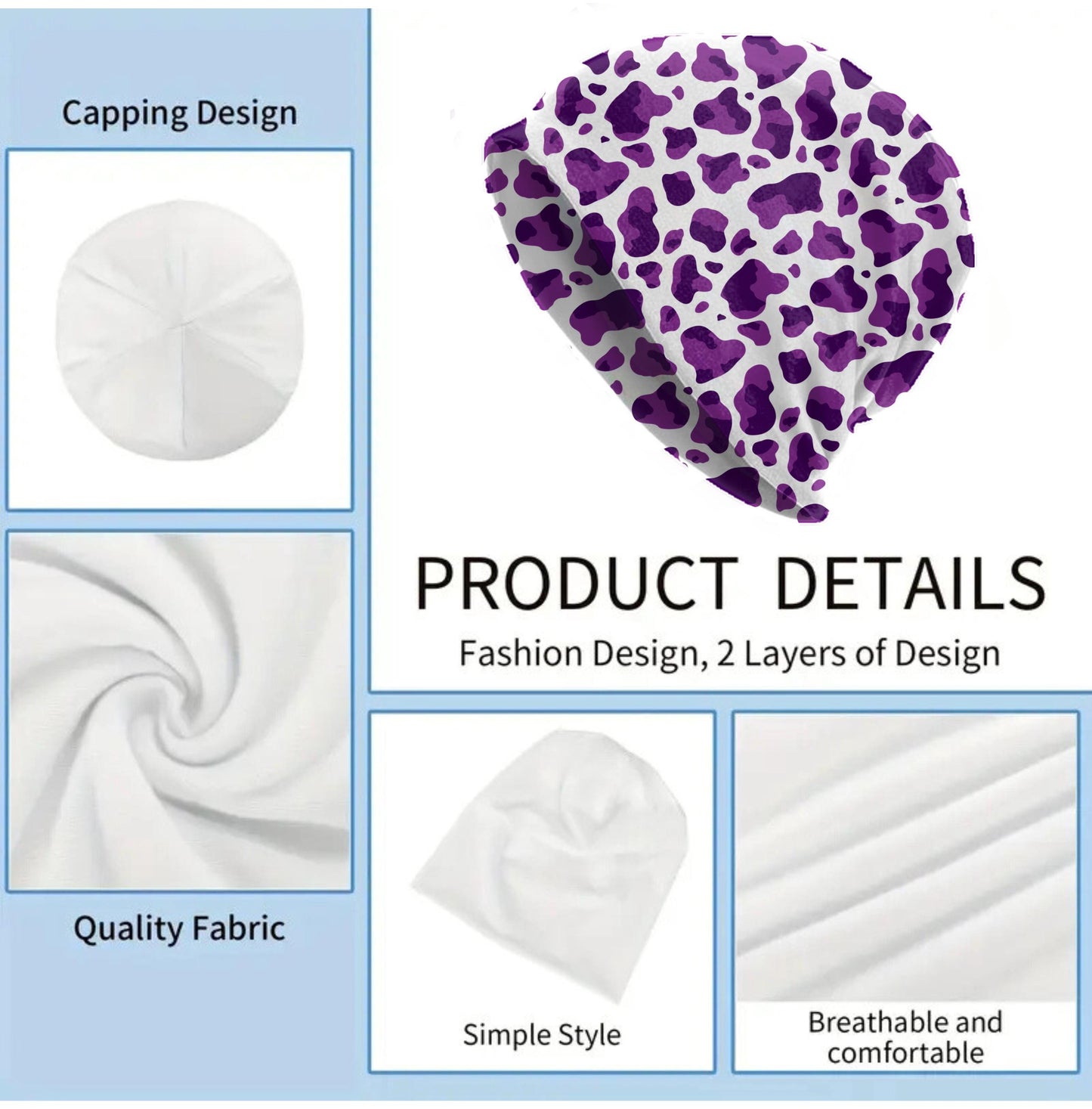 Purple Cow Print Slouchy Beanie – Soft Lightweight Skull Cap, Thin Bonnet Hat for Men & Women, Retro Funky Spot Pattern