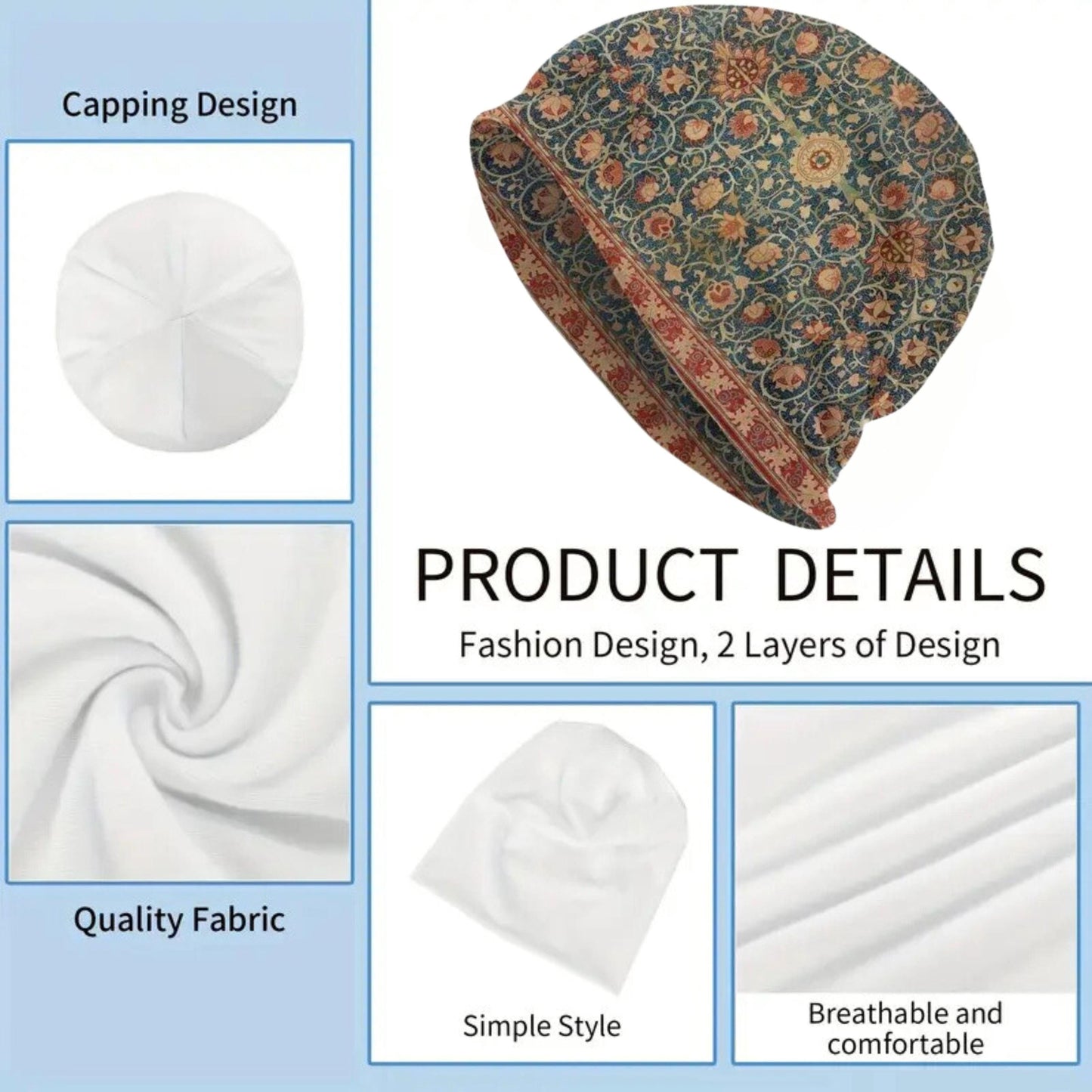 Mens Beanie Womens Floral Pattern Summer Hat Beanie Headwear Lightweight Beanie Skull Cap Bonnet Vintage Style Skully Wildflowers Red Green