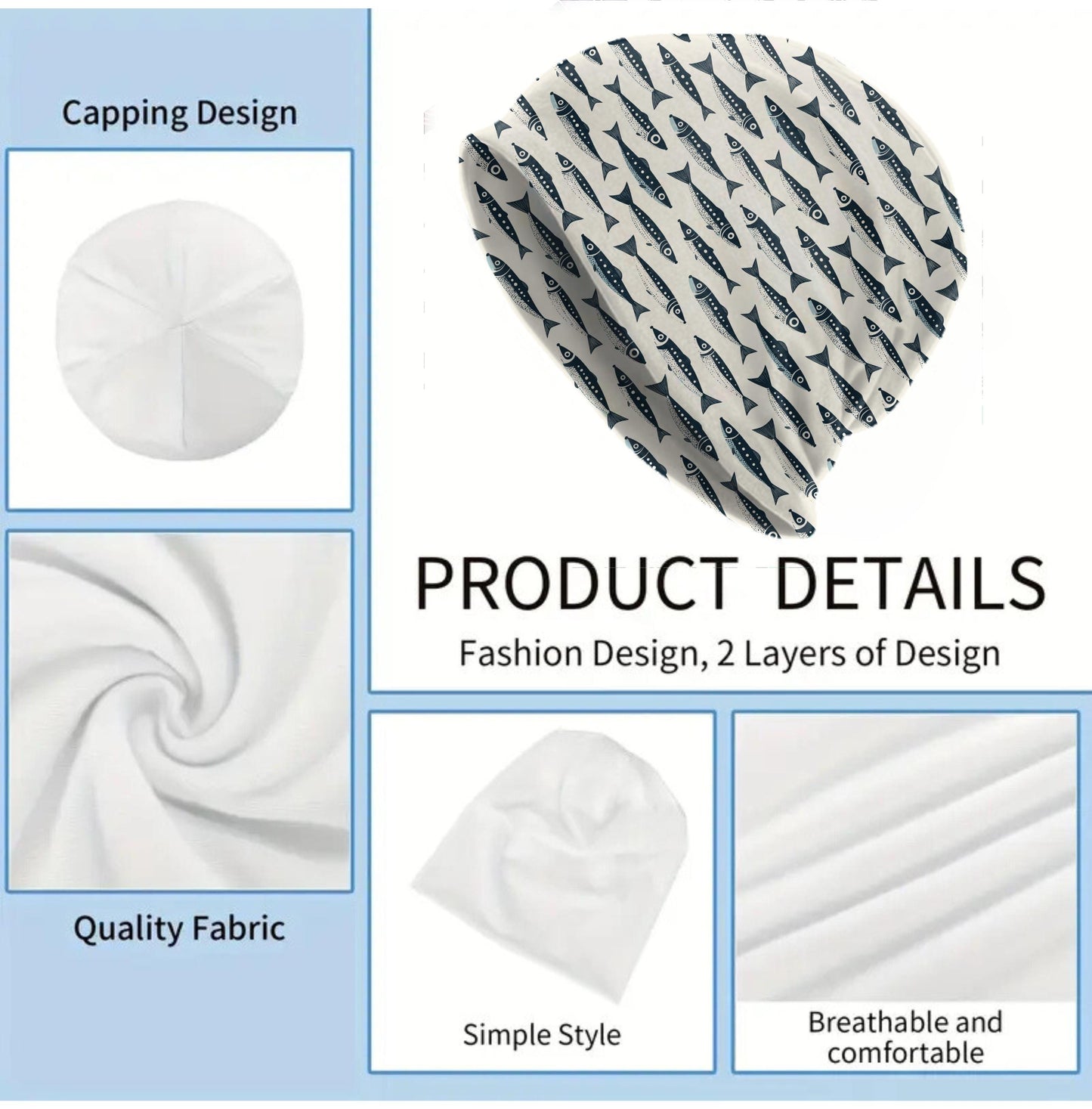 Navy Sardine Fish Beanie – Coastal Nautical Slouch Hat, Sea Pattern Skull Cap, Lightweight Fisherman Style Beanie, Ocean Lover Gift