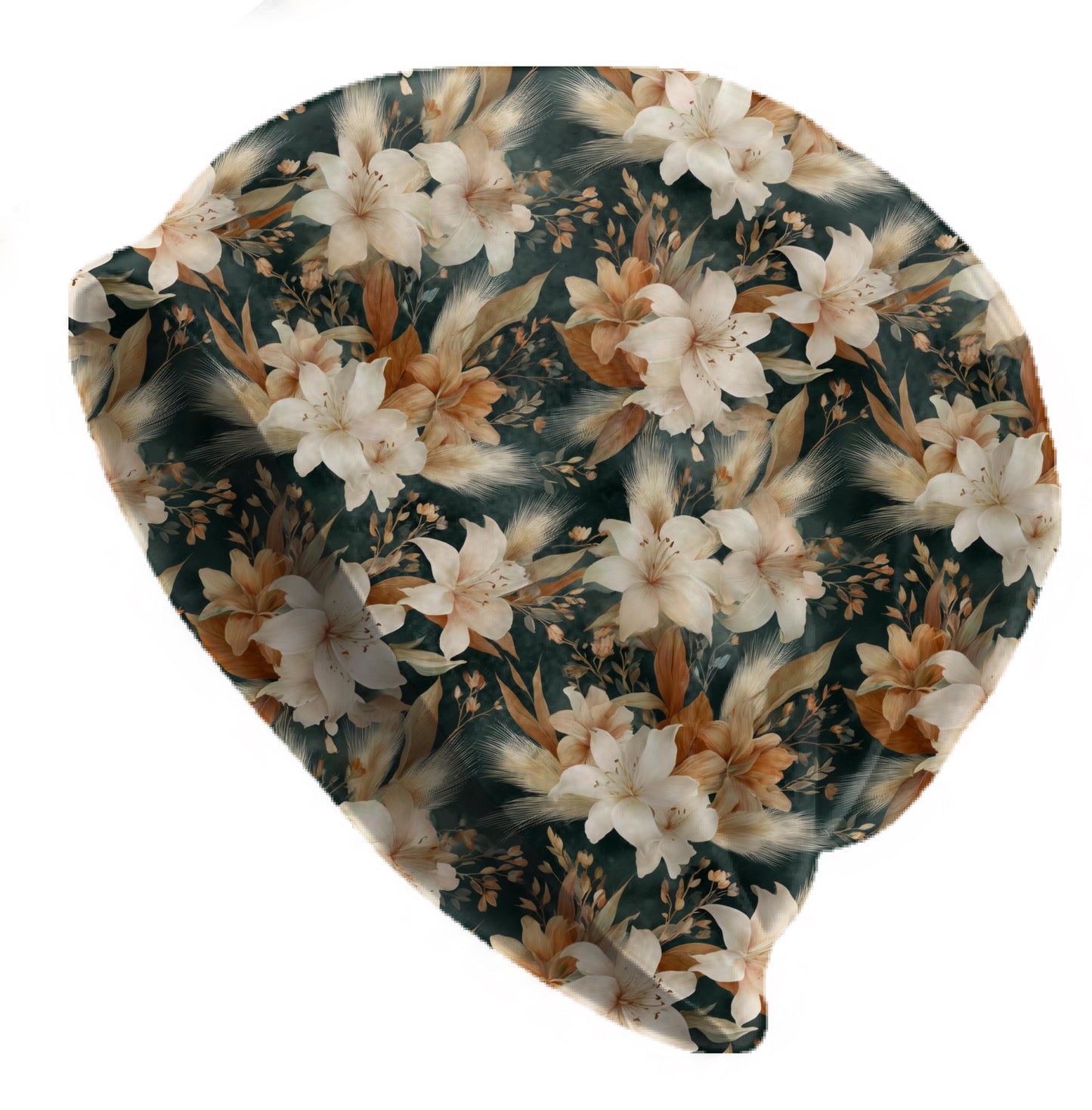 Autumn Ivory Lily Slouchy Beanie – Thin Stretchy Lightweight Skull Cap for Men & Women in Cream Florals and Warm Harvest Tones