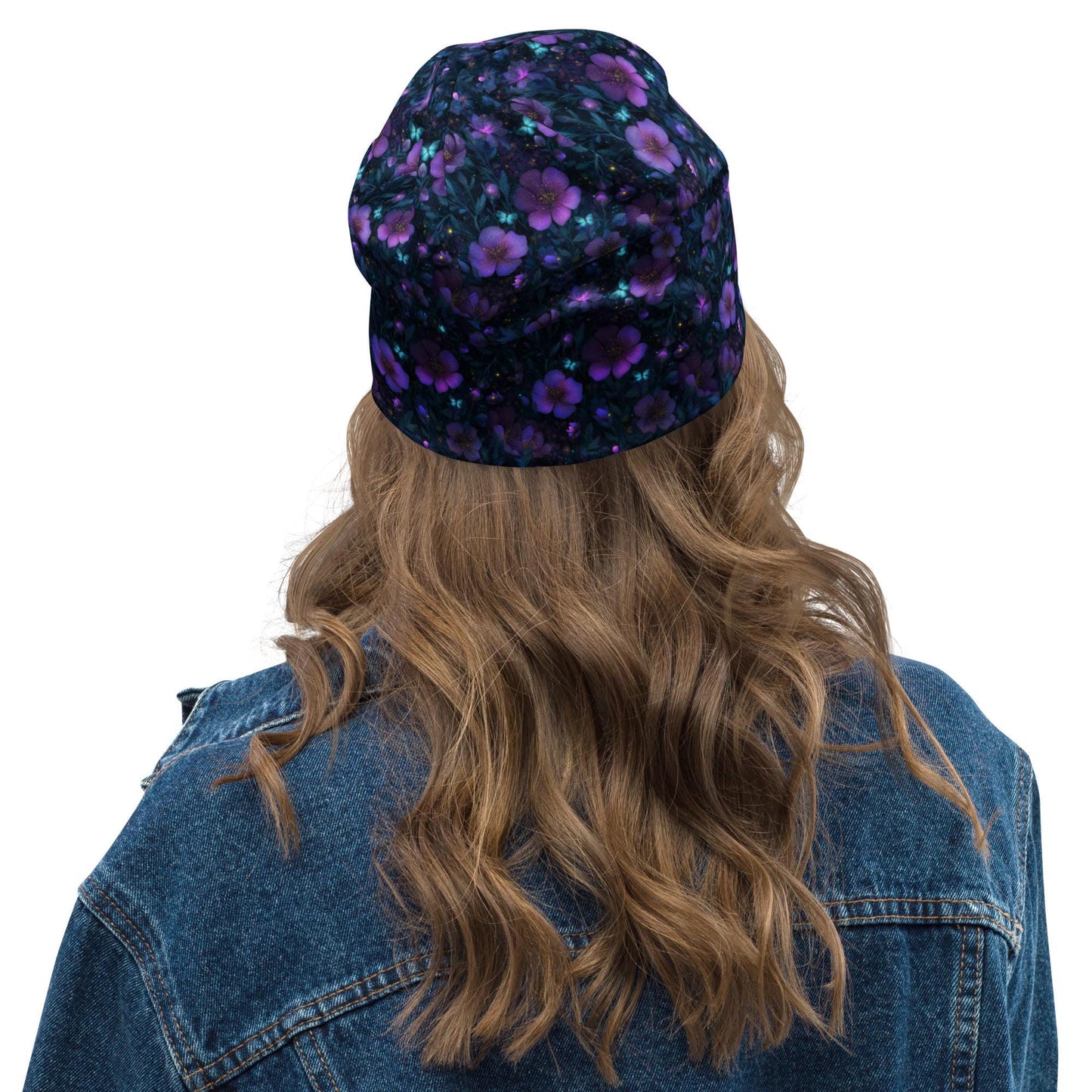 Purple Glow Floral Slouchy Beanie – Soft Lightweight Skull Cap, Thin Bonnet Hat for Men & Women, Night Garden Butterfly Pattern