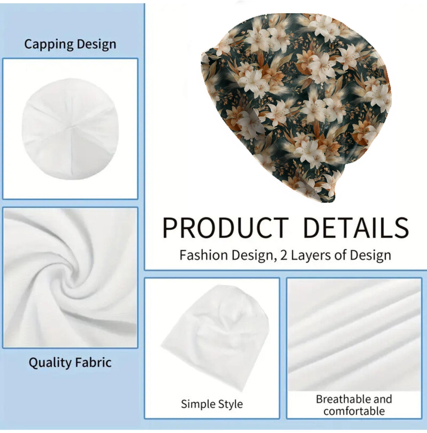 Autumn Ivory Lily Slouchy Beanie – Thin Stretchy Lightweight Skull Cap for Men & Women in Cream Florals and Warm Harvest Tones