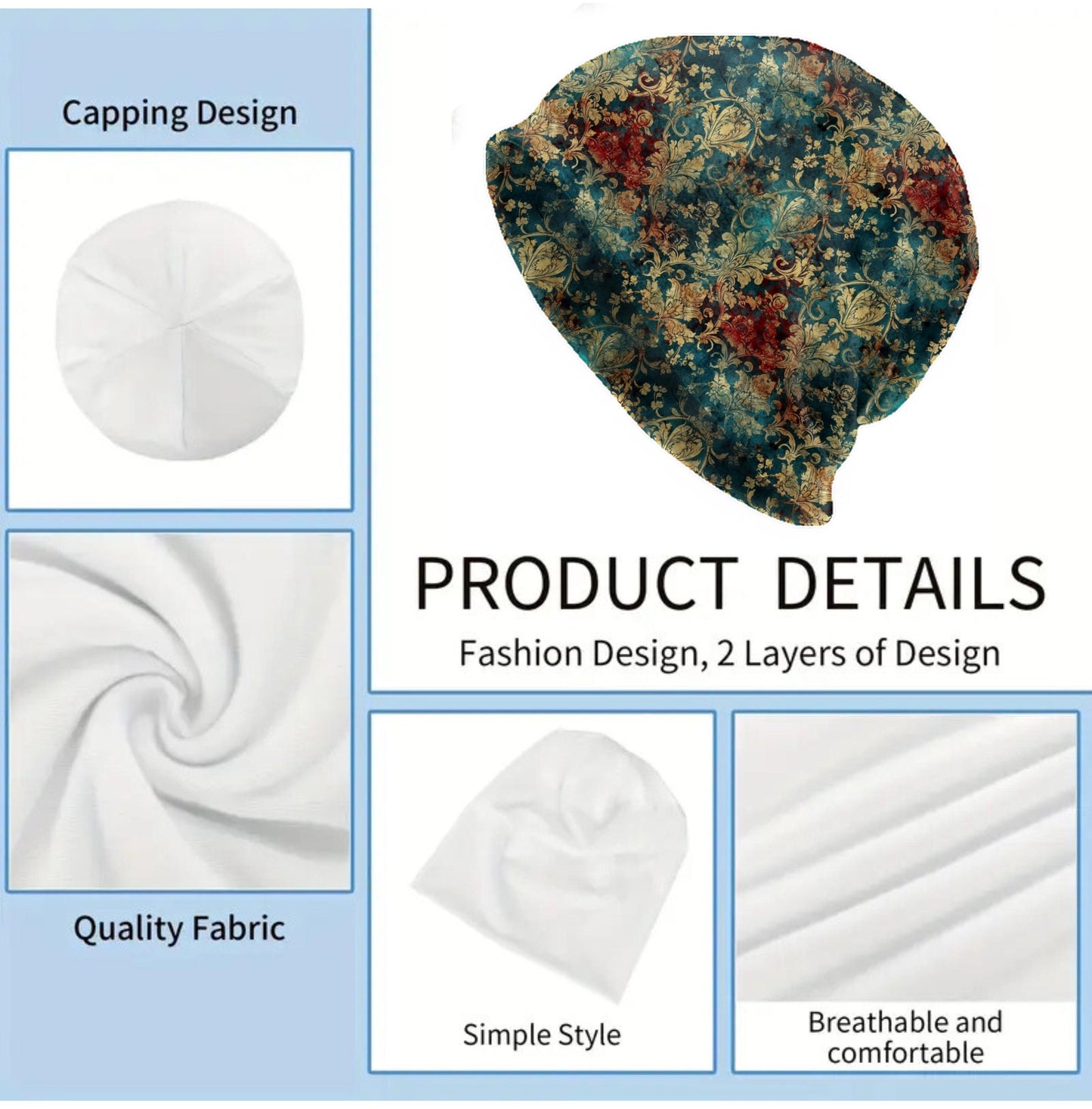 Teal Baroque Damask Slouchy Beanie – Soft Lightweight Skull Cap, Thin Bonnet Hat for Men & Women, Retro Ornate Pattern, Double-Layer Look