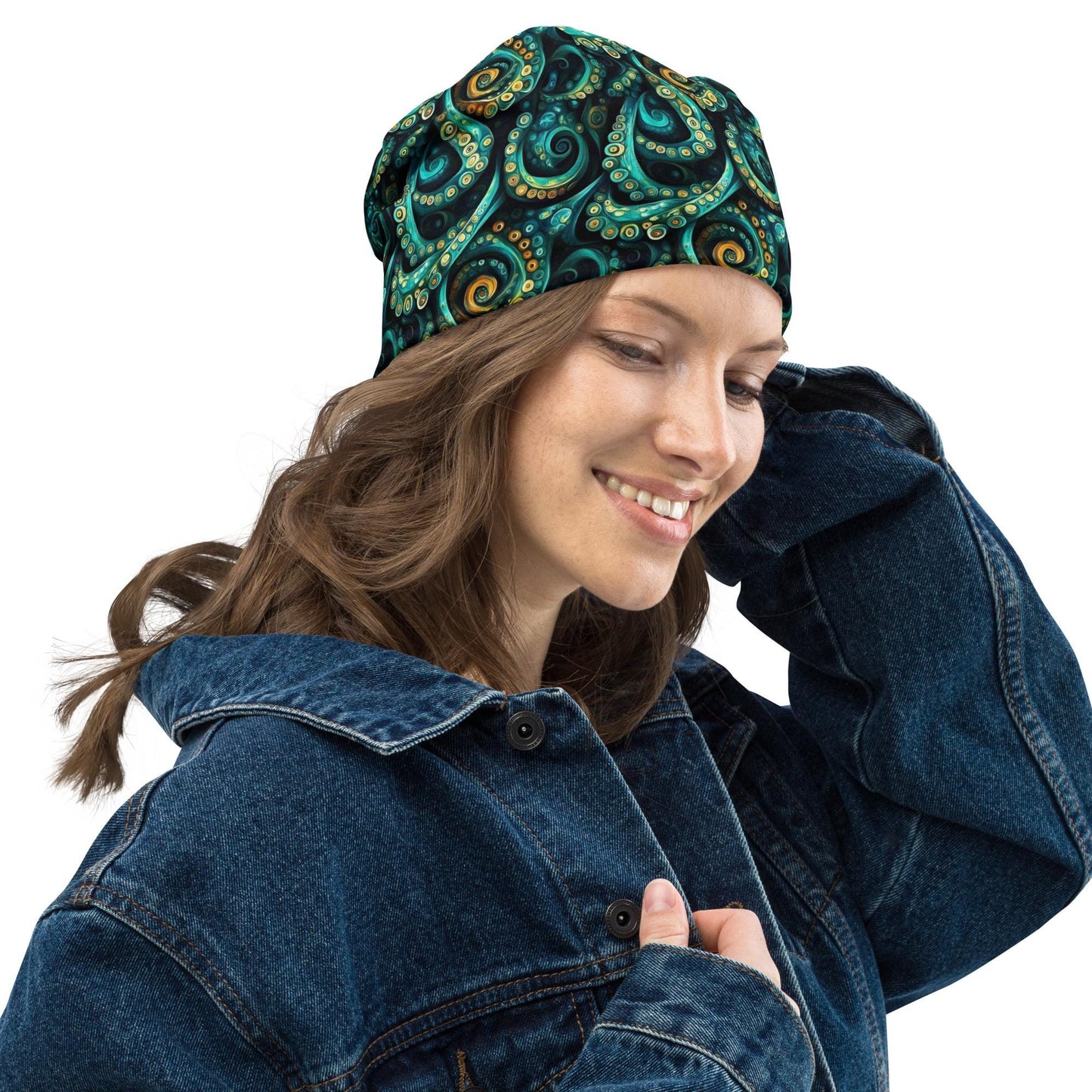 Teal Tentacle Slouchy Beanie – Thin Stretchy Lightweight Skull Cap for Men and Women in Ocean Swirl Pattern