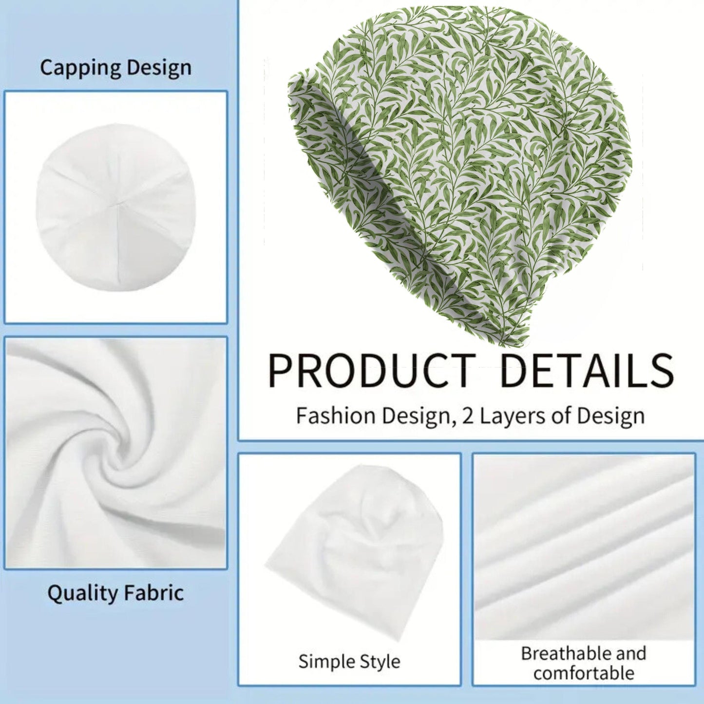 Willow Bough William Morris Beanie – Vintage Botanical Slouch Hat, Green Leaf Pattern, Soft Lightweight Cap, Women’s Hat & Men’s Beanie