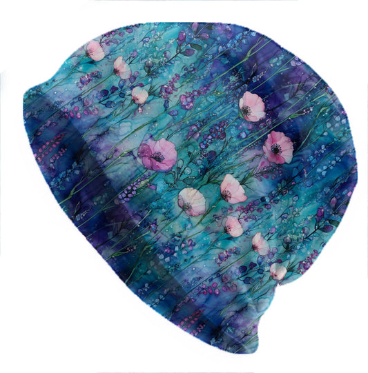 Watercolor Wildflower Beanie, Thin Soft Slouchy Hat for Women and Men, Blue & Purple Floral Art Print, Skull Cap, Soft Bonnet