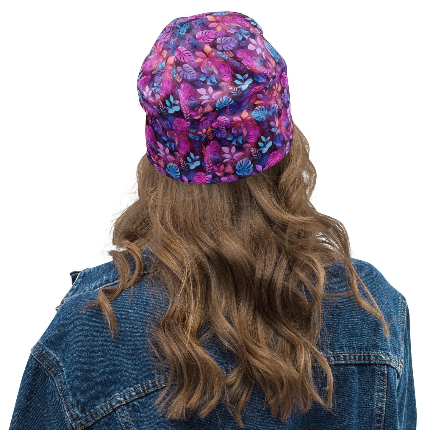 Tropical Neon Leaves Slouchy Beanie – Thin Stretchy Lightweight Skull Cap for Men and Women in Pink, Purple & Aqua Botanical Design