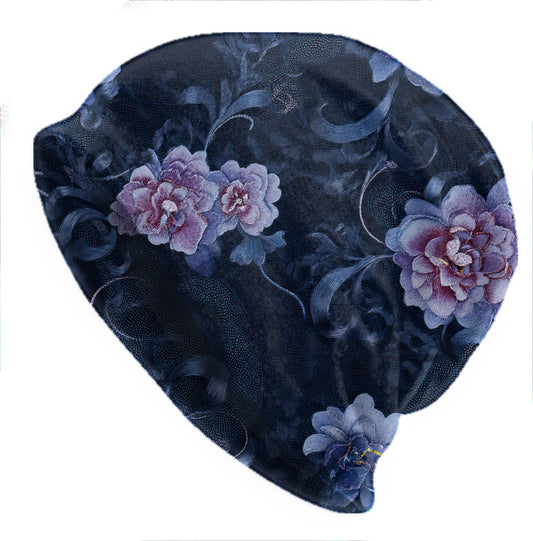 Midnight Peony Slouchy Beanie – Dark Romantic Floral Skull Cap, Hand-Painted Look Boho Vintage Beanie for Men and Women, Thin Beanie