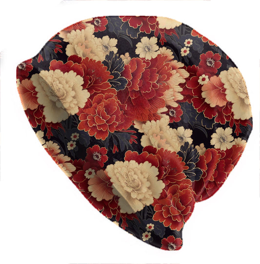 Red & Cream Peony Beanie – Thin Soft Slouchy Hat with Vintage Asian Floral Design – Made to Order Women’s Hat, Men’s Beanie