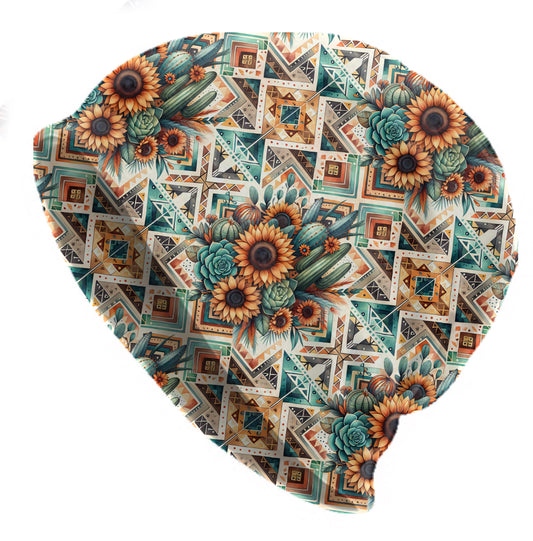 Boho Aztec Sunflower Slouchy Beanie – Thin Stretchy Lightweight Skull Cap for Men and Women with Cactus & Southwest Florals