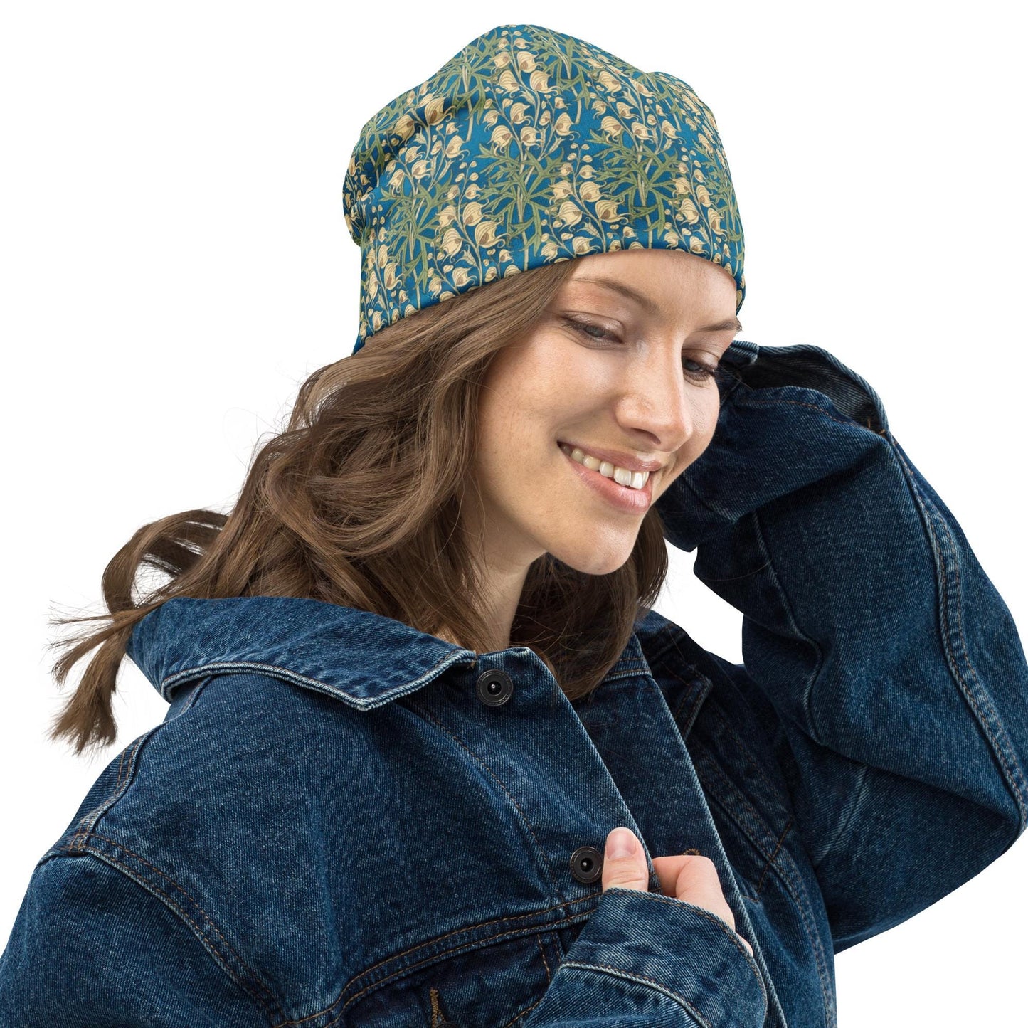 Maurice Pillard Monk’s Hood Beanie – Art Nouveau Blue Floral Slouch Hat, Vintage Botanical Cap, Soft Lightweight Beanie