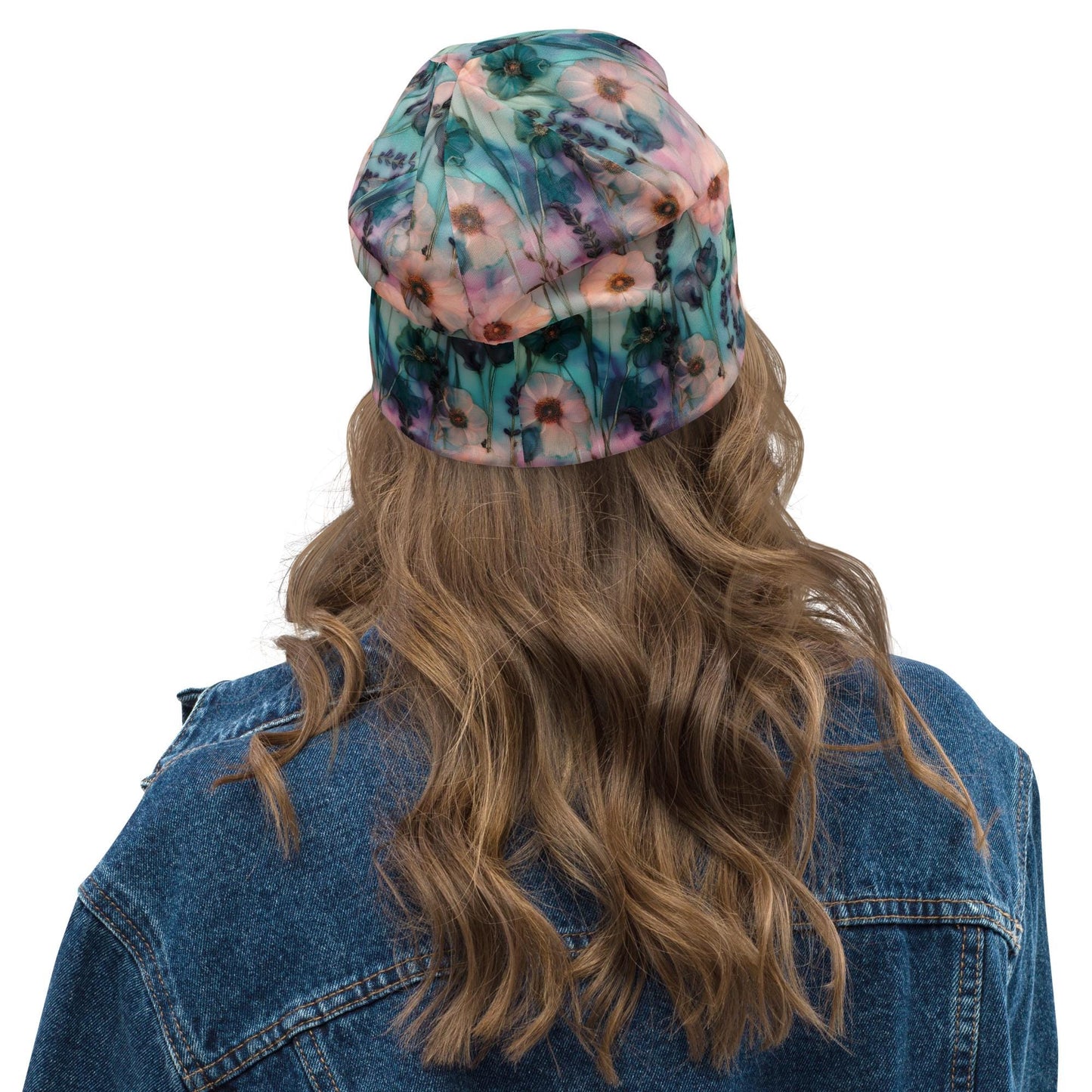 Soft Pastel Floral Beanie – Thin Watercolor Slouchy Hat with Blue & Blush Flower Print – Made to Order Women’s Hat Men’s Beanie