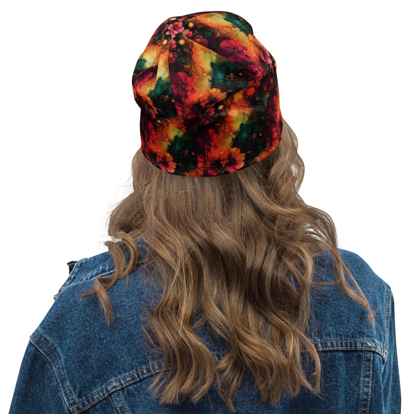 Floral Abstract Slouchy Beanie – Vibrant Botanical Bonnet, Soft Thin Stretchy Skull Cap for Men & Women, Artistic Bloom Print