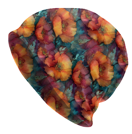Coral Fire Poppies Slouchy Beanie – Vibrant Floral Bonnet, Soft Thin Stretchy Skull Cap for Men & Women, Watercolor Botanical Hat