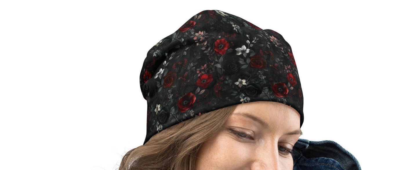 Dark Romance Floral Slouchy Beanie – Gothic Rose Bonnet, Soft Thin Stretchy Skull Cap for Men and Women, Black & Red Botanical Print