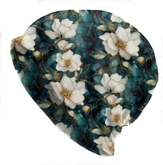 Magnolia Vines Slouchy Beanie – Thin Stretchy Lightweight Skull Cap for Men & Women, Soft Floral Bonnet in Cream Teal Gold