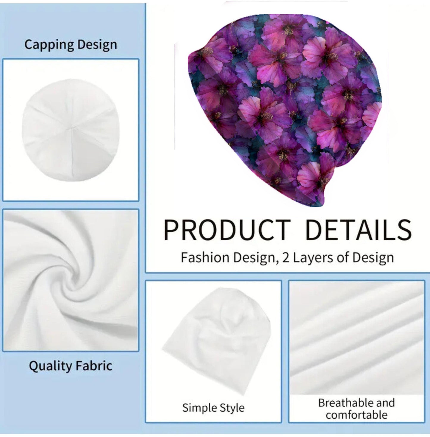 Blooming Hibiscus Slouchy Beanie – Thin Stretchy Unisex Skull Cap for Men & Women, Pink Purple Floral Bonnet, Soft Lightweight Hat