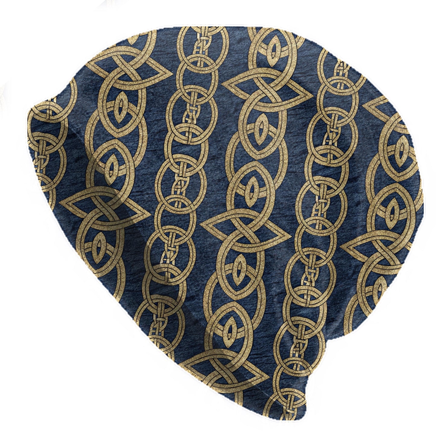 Navy Celtic Knot Slouchy Beanie – Thin Stretchy Lightweight Skull Cap for Men and Women in Gold Interlace Pattern