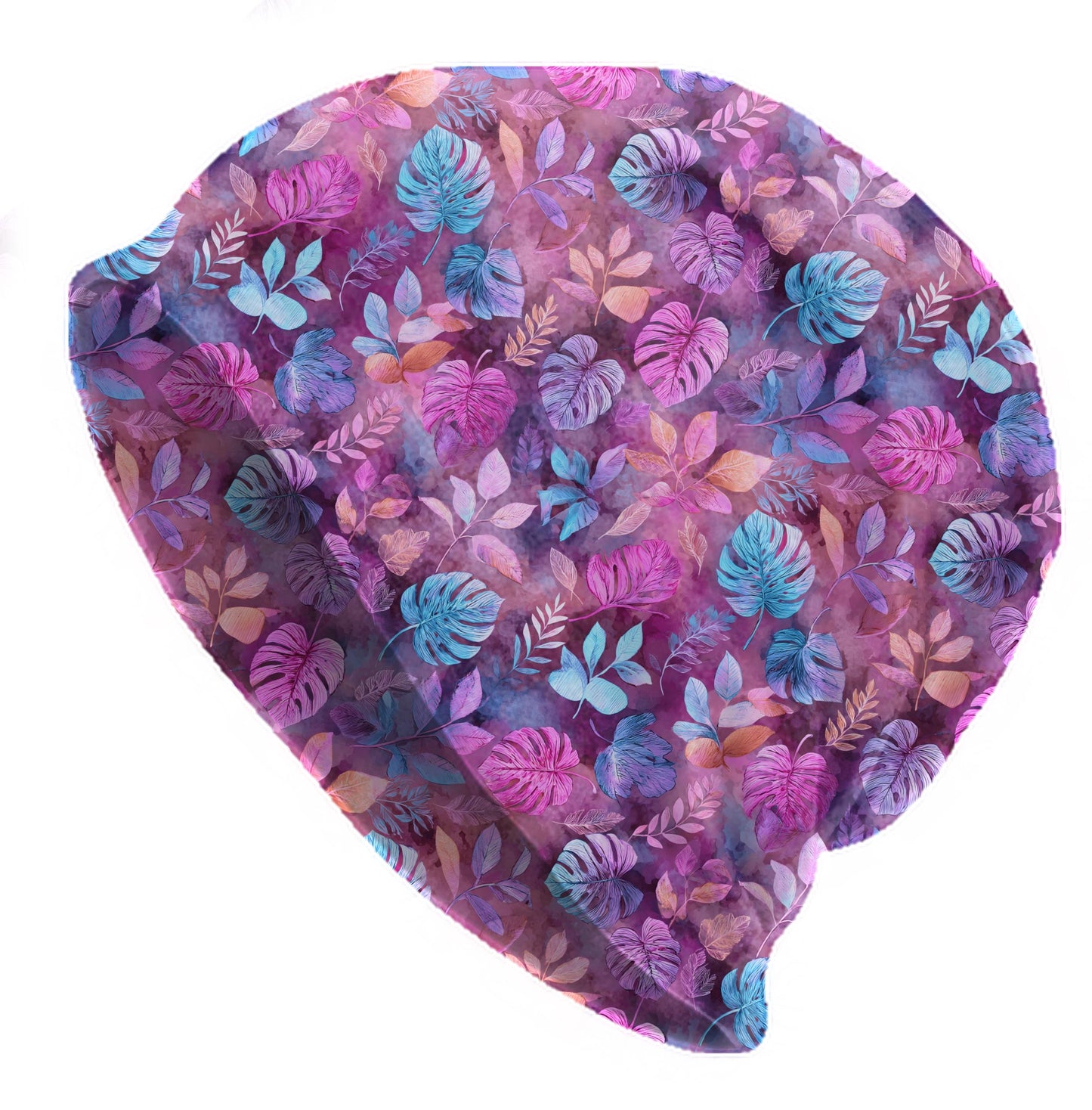 Tropical Neon Leaves Slouchy Beanie – Thin Stretchy Lightweight Skull Cap for Men and Women in Pink, Purple & Aqua Botanical Design